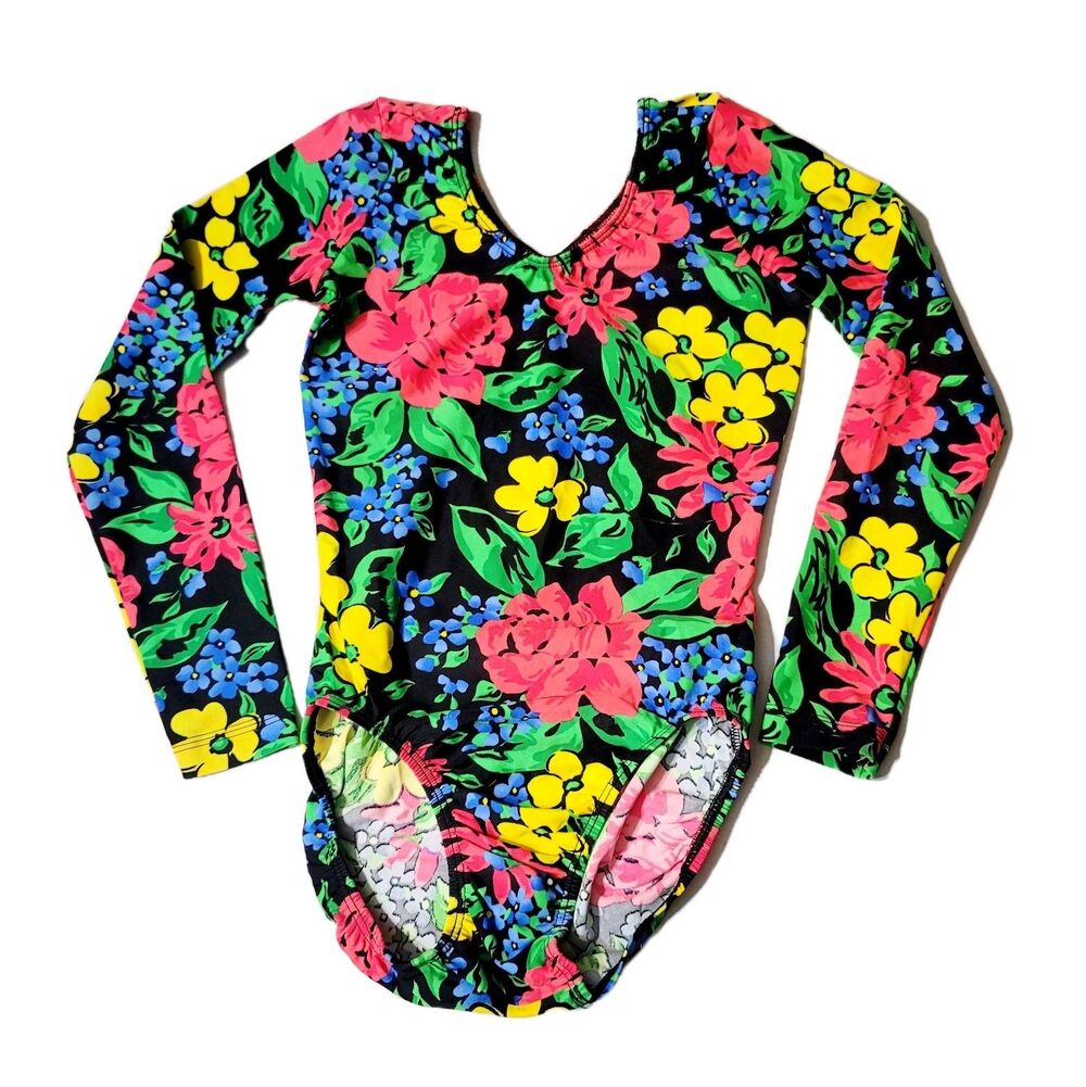 GK Elite AS Hawaiian Floral Scoop Neck Leotard VTG Long Sleeve Adult S, NWT